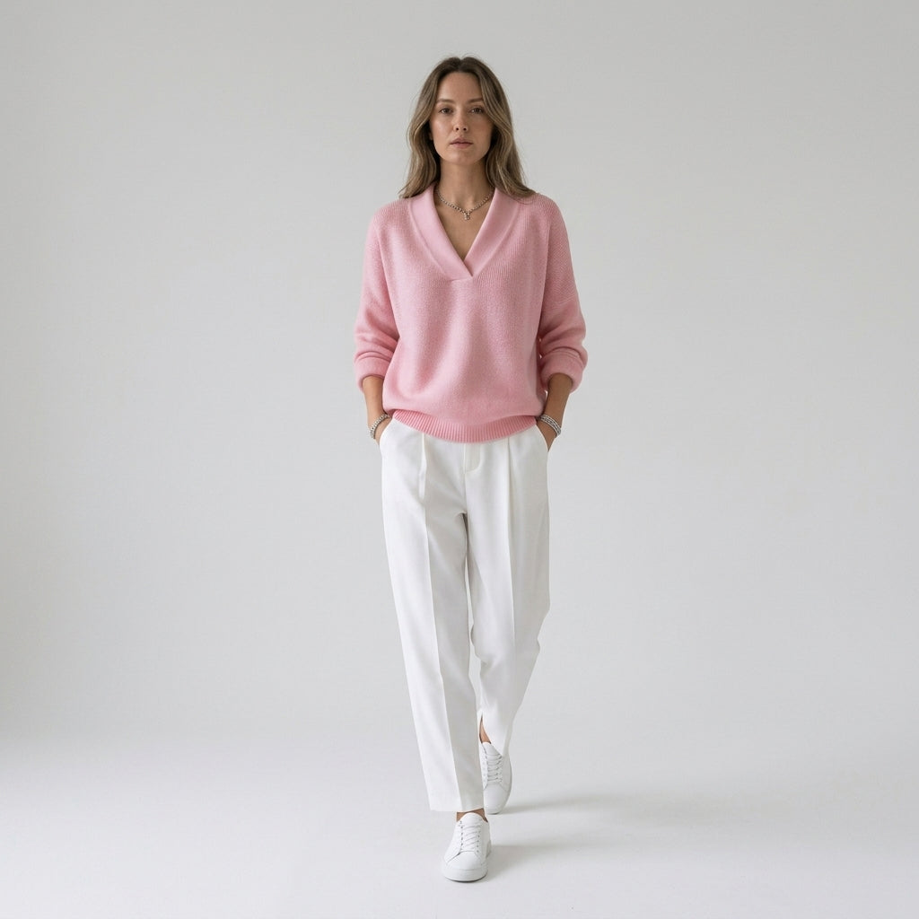 Damen Strickpullover mit V-Ausschnitt – Relaxed Fit — Rosa
