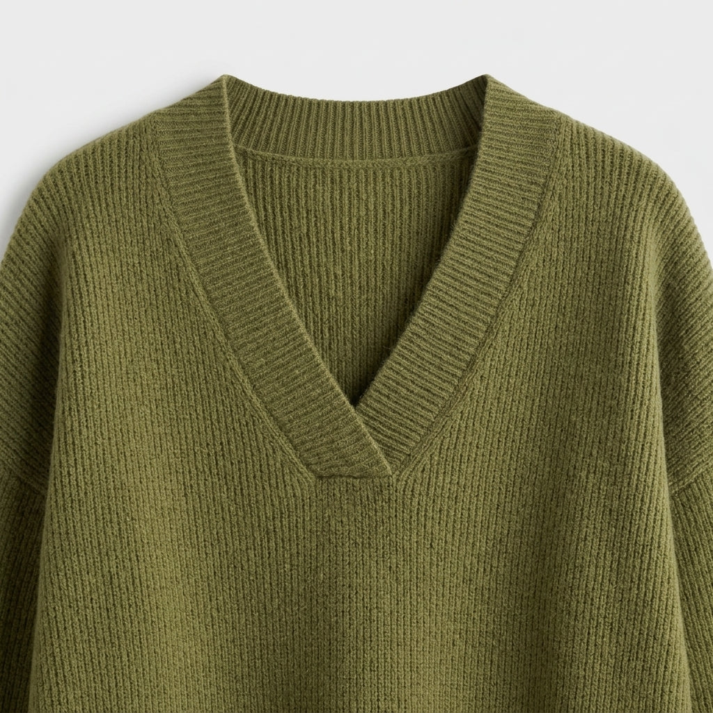 Damen Strickpullover mit V-Ausschnitt – Relaxed Fit — Oliv