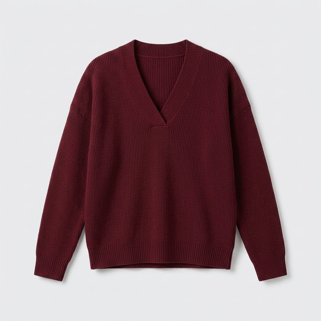 Damen Strickpullover mit V-Ausschnitt – Relaxed Fit — Bordeaux