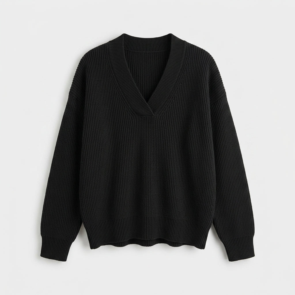 Damen Strickpullover mit V-Ausschnitt – Relaxed Fit — Schwarz