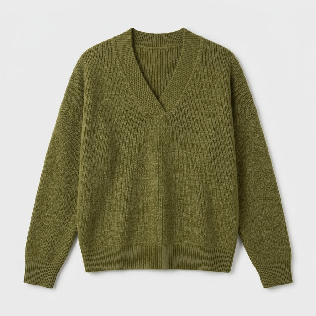 Damen Strickpullover mit V-Ausschnitt – Relaxed Fit — Oliv