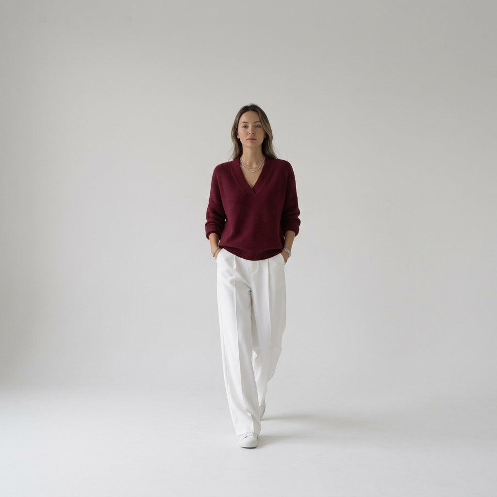 Damen Strickpullover mit V-Ausschnitt – Relaxed Fit — Bordeaux