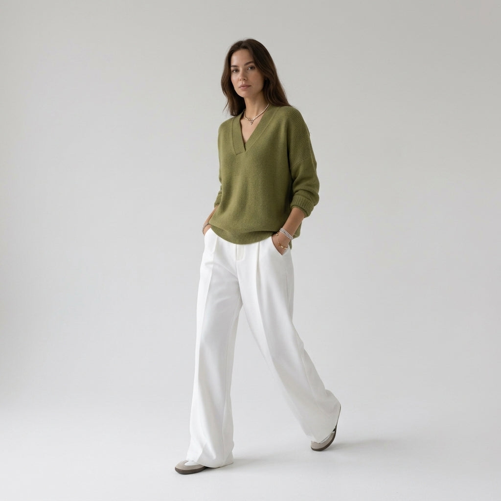 Damen Strickpullover mit V-Ausschnitt – Relaxed Fit — Oliv