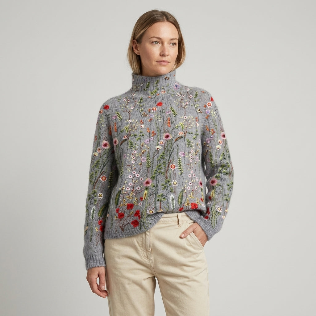 Damen Strickpullover mit Rollkragen und Blumenmuster – Relaxed Fit