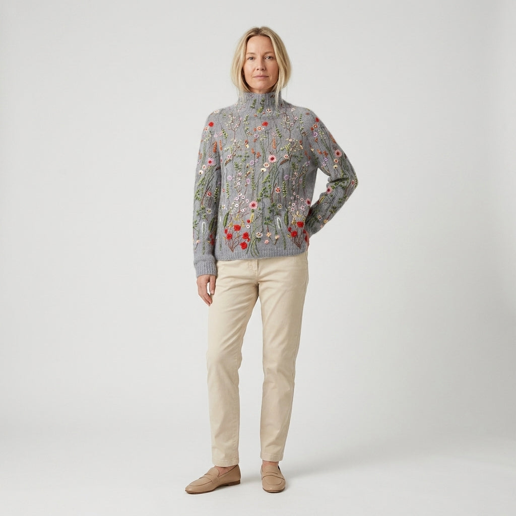 Damen Strickpullover mit Rollkragen und Blumenmuster – Relaxed Fit