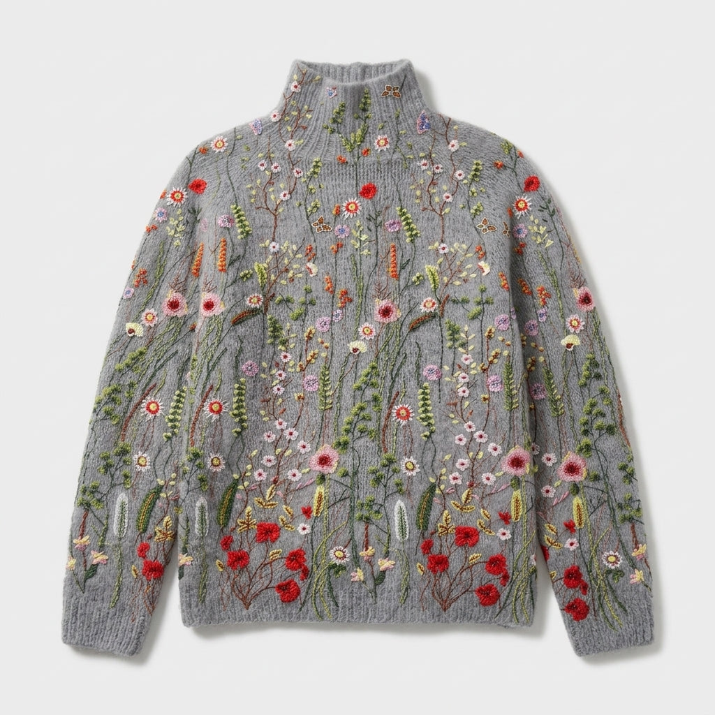 Damen Strickpullover mit Rollkragen und Blumenmuster – Relaxed Fit