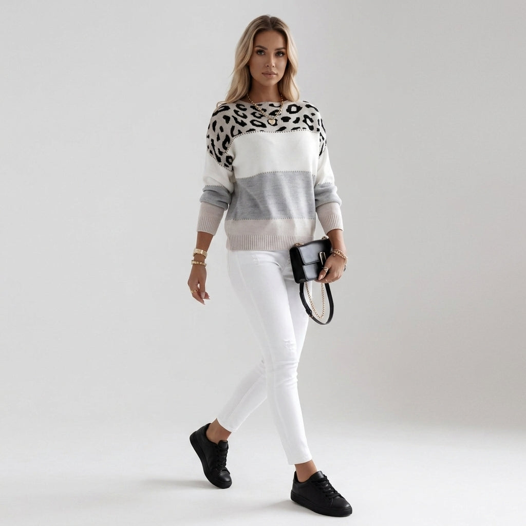 Damen Strickpullover mit Leopardenmuster – Relaxed Fit — Grau
