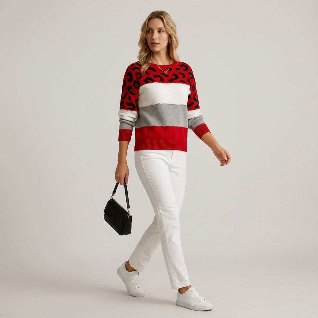 Damen Strickpullover mit Leopardenmuster – Relaxed Fit — Rot