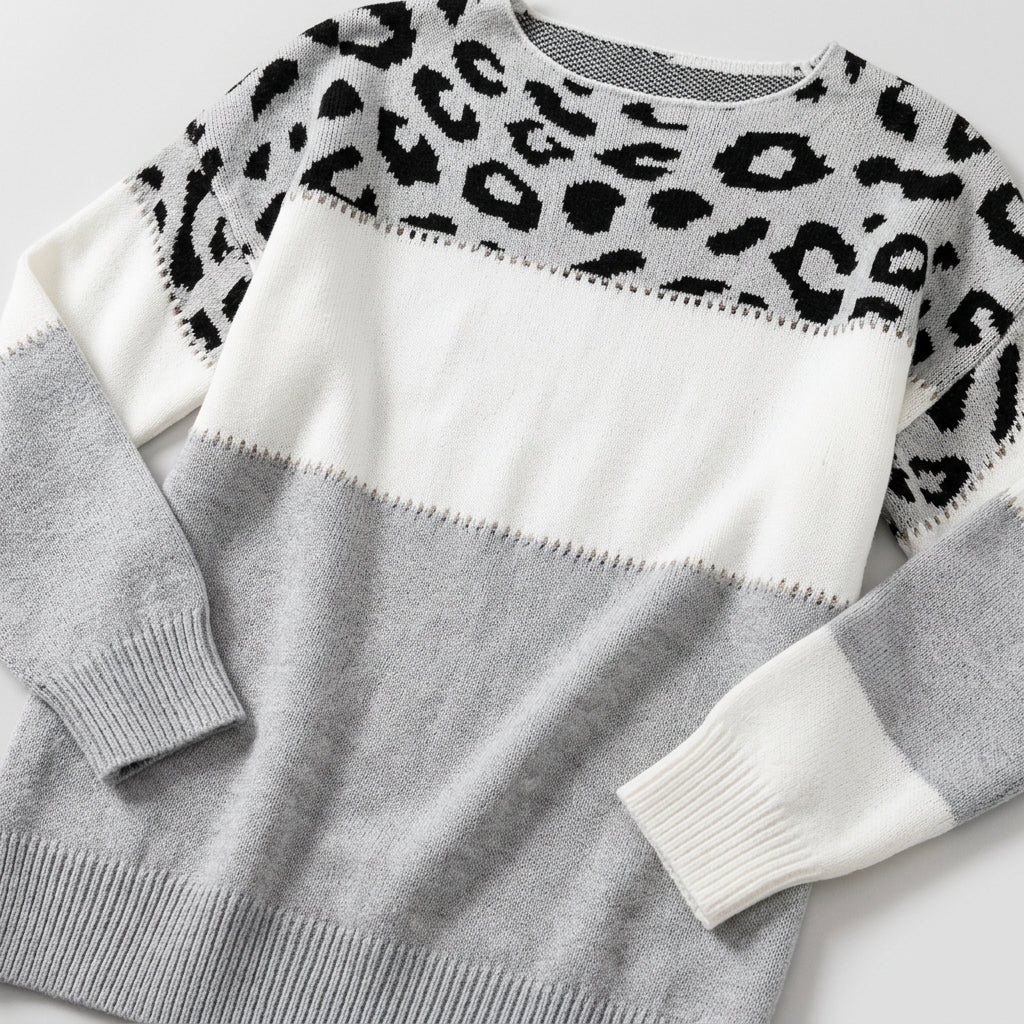 Damen Strickpullover mit Leopardenmuster – Relaxed Fit — Grau