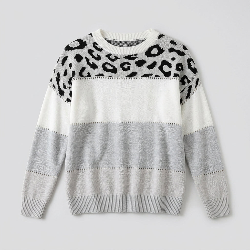 Damen Strickpullover mit Leopardenmuster – Relaxed Fit — Grau