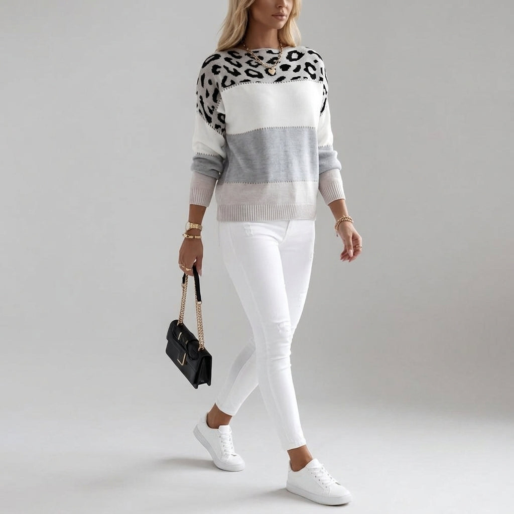 Damen Strickpullover mit Leopardenmuster – Relaxed Fit — Gray