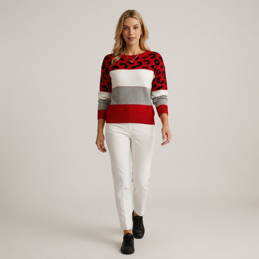 Damen Strickpullover mit Leopardenmuster – Relaxed Fit — Red
