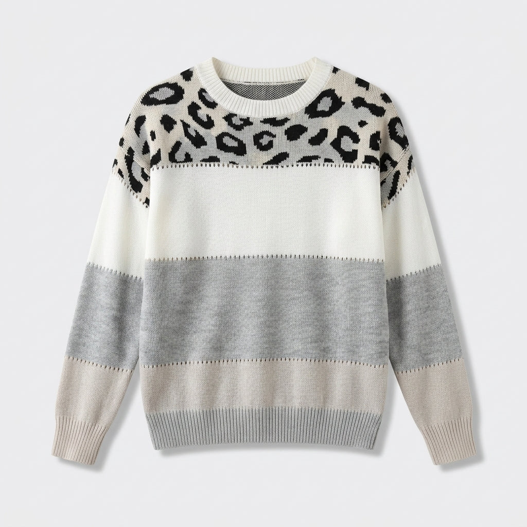 Damen Strickpullover mit Leopardenmuster – Relaxed Fit — Gray