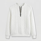 Damen Pullover mit Zopfmuster und Reißverschluss — Weiß mit schwarzem Reißverschluss