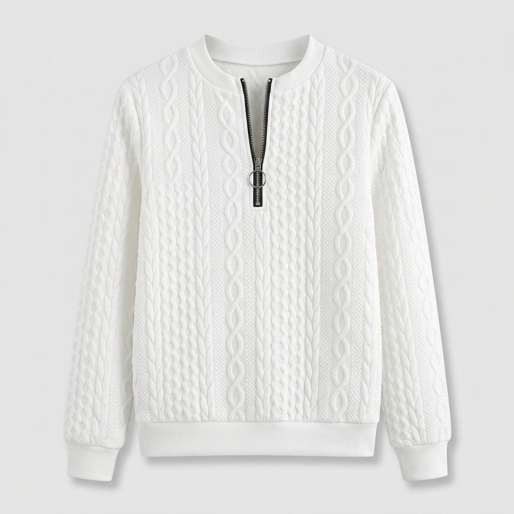 Damen Pullover mit Zopfmuster und Reißverschluss — Weiß mit schwarzem Reißverschluss