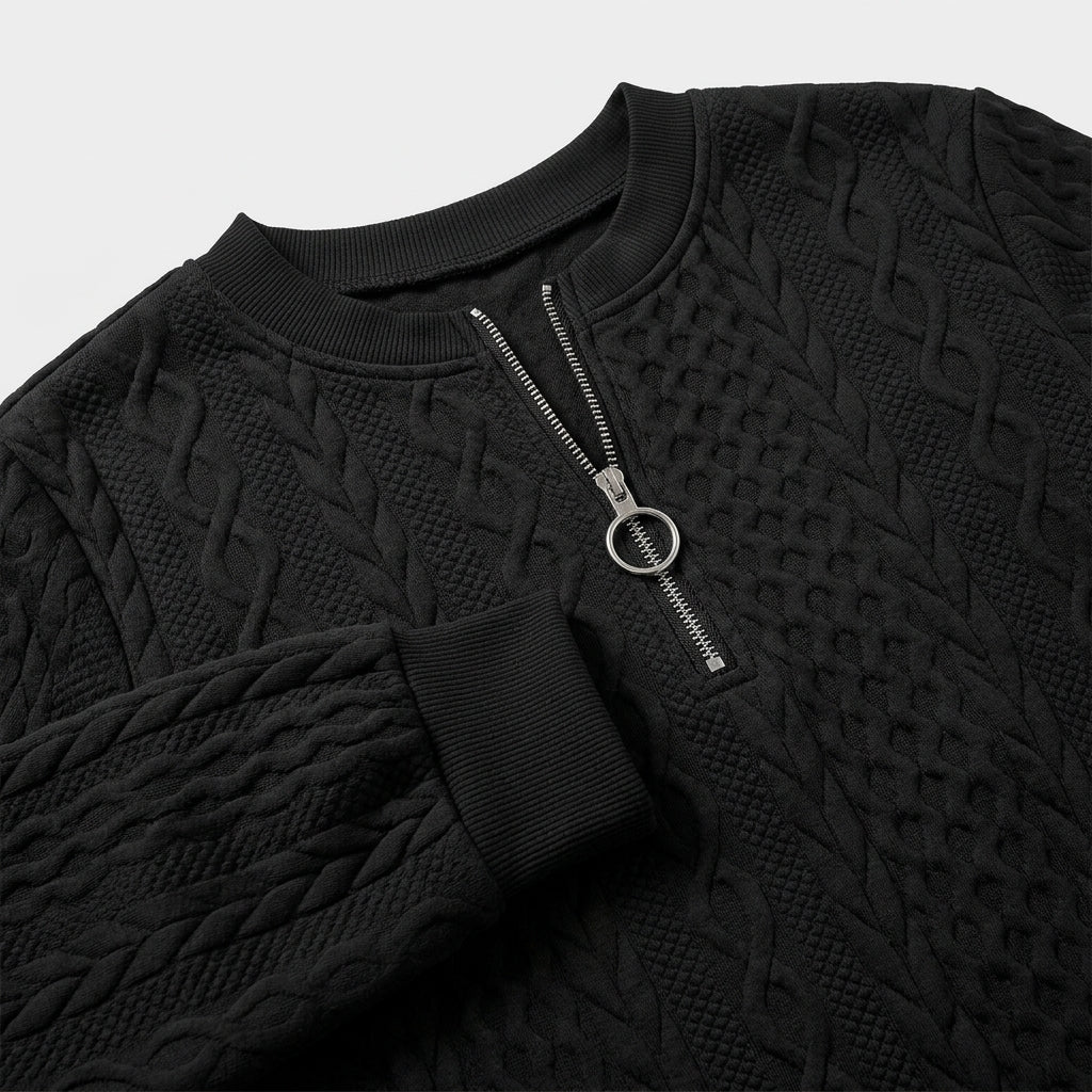 Damen Pullover mit Zopfmuster und Reißverschluss — Schwarz