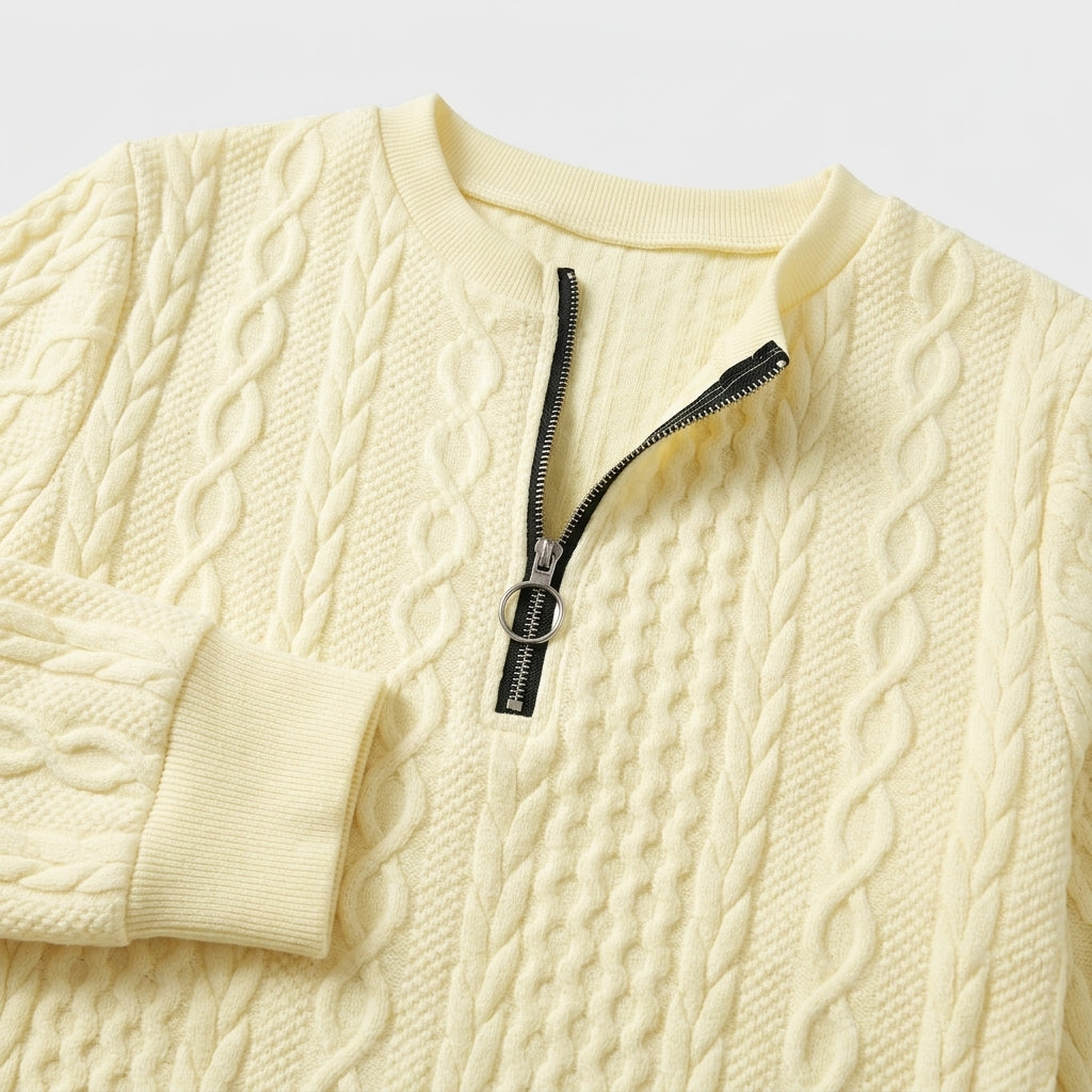 Damen Pullover mit Zopfmuster und Reißverschluss — Hellgelb