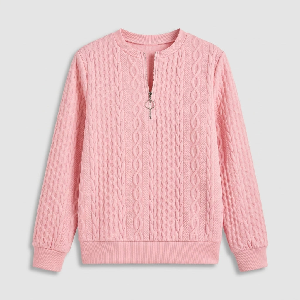Damen Pullover mit Zopfmuster und Reißverschluss — Rosa