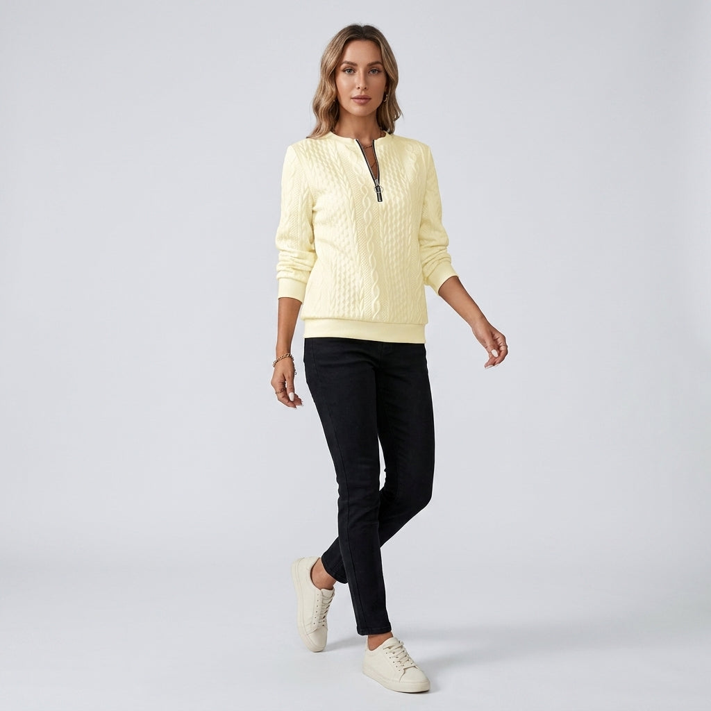 Damen Pullover mit Zopfmuster und Reißverschluss — Hellgelb