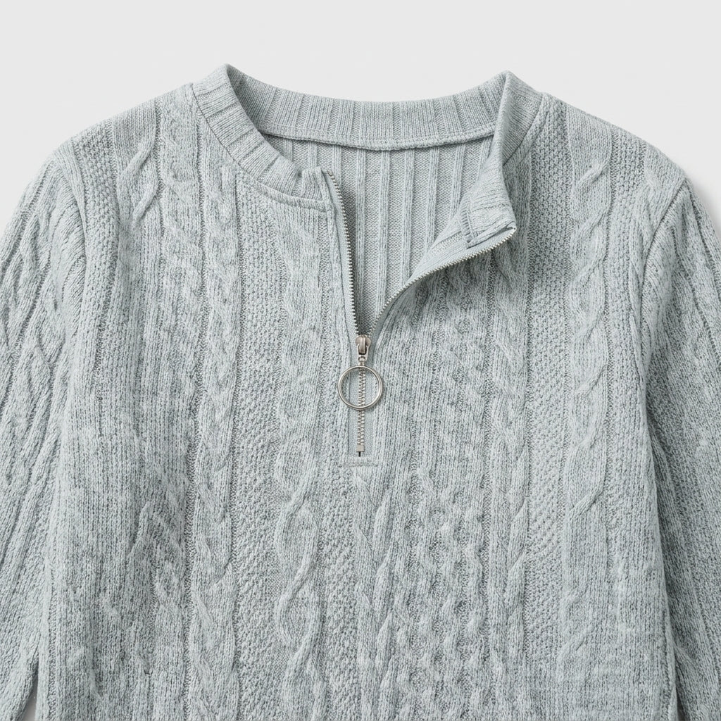 Damen Pullover mit Zopfmuster und Reißverschluss — Grau
