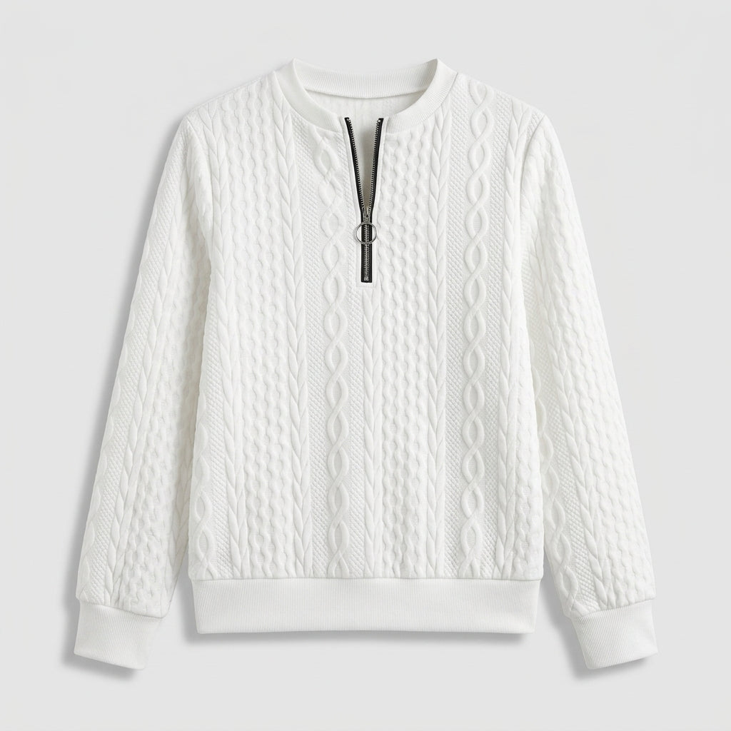 Damen Pullover mit Zopfmuster und Reißverschluss — White with black zip