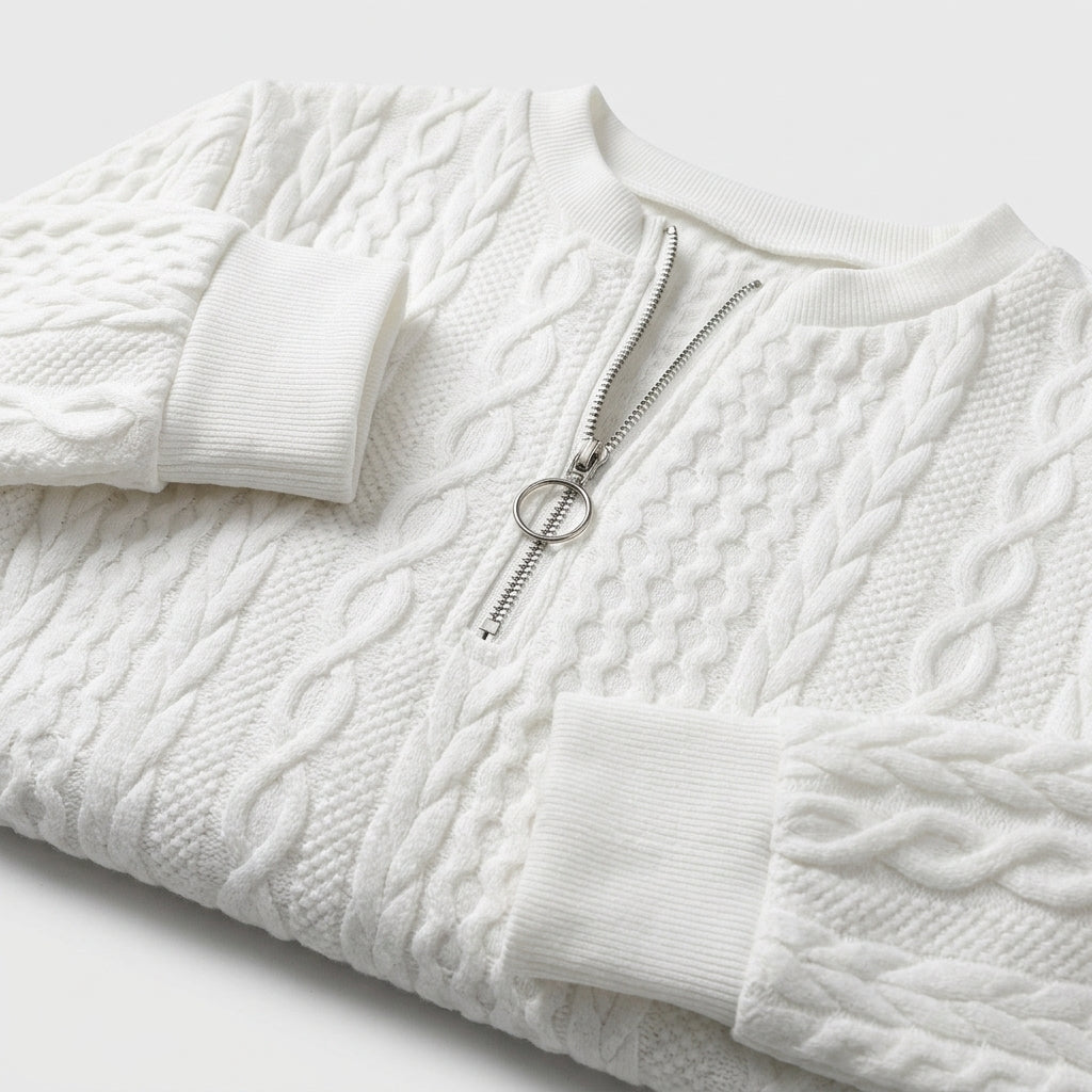 Damen Pullover mit Zopfmuster und Reißverschluss — White