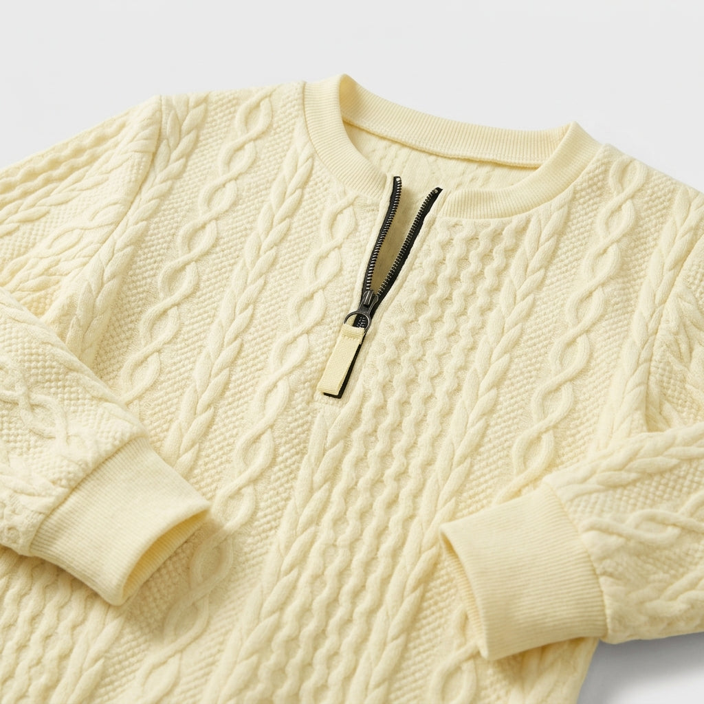 Damen Pullover mit Zopfmuster und Reißverschluss — Light-Yellow