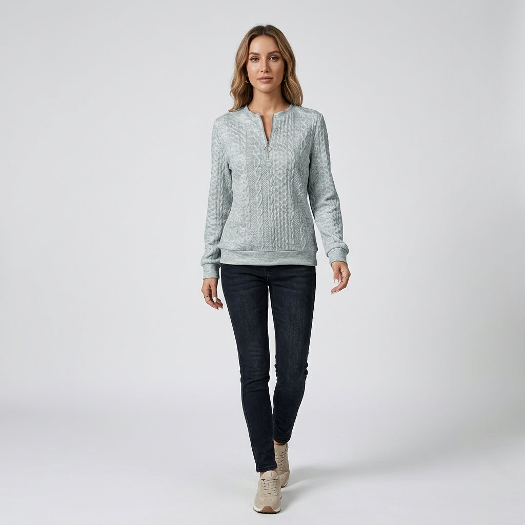 Damen Pullover mit Zopfmuster und Reißverschluss — Gray