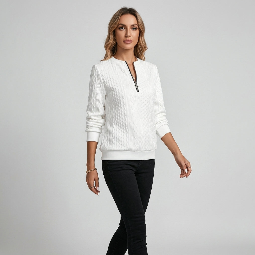 Damen Pullover mit Zopfmuster und Reißverschluss — White with black zip