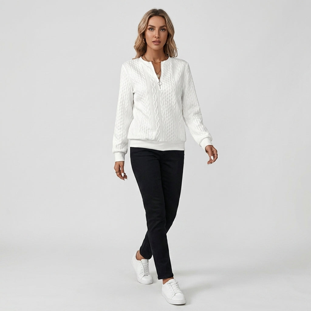 Damen Pullover mit Zopfmuster und Reißverschluss — White