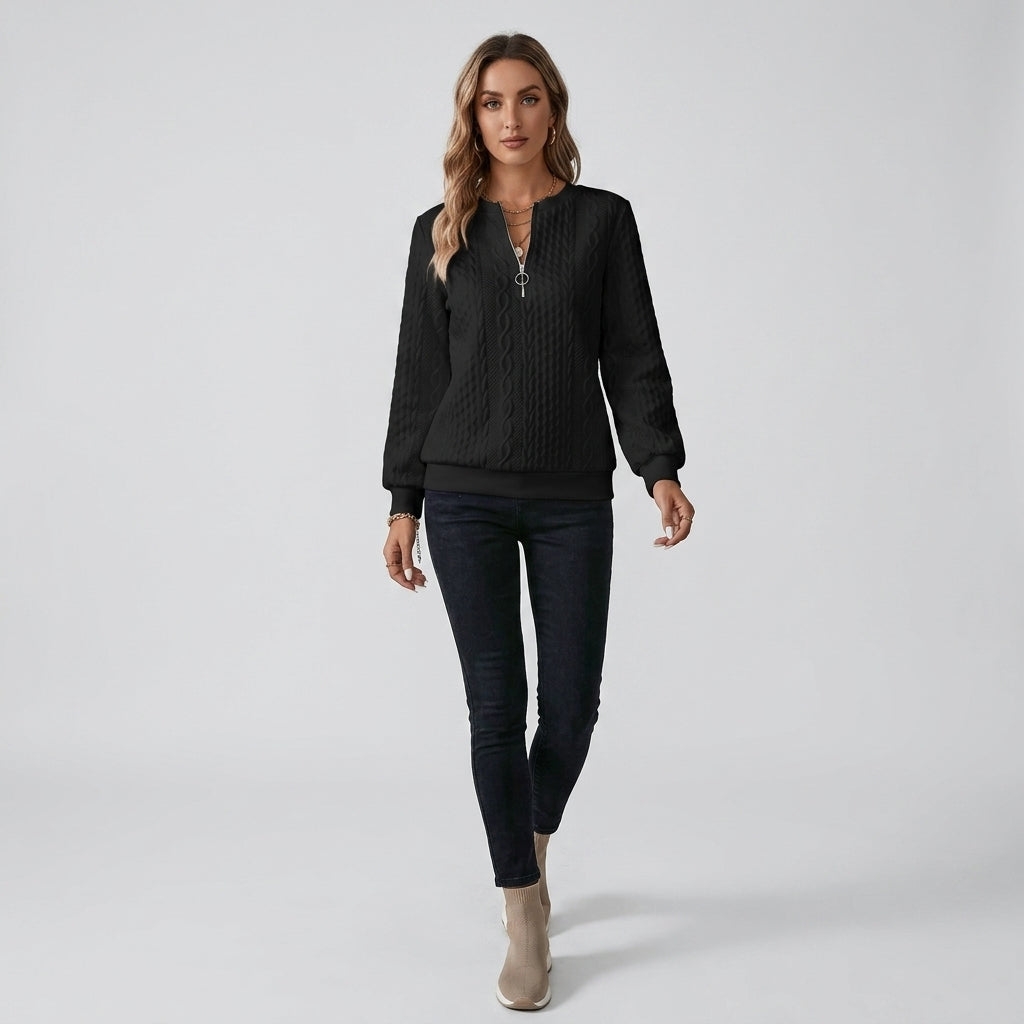 Damen Pullover mit Zopfmuster und Reißverschluss — Black