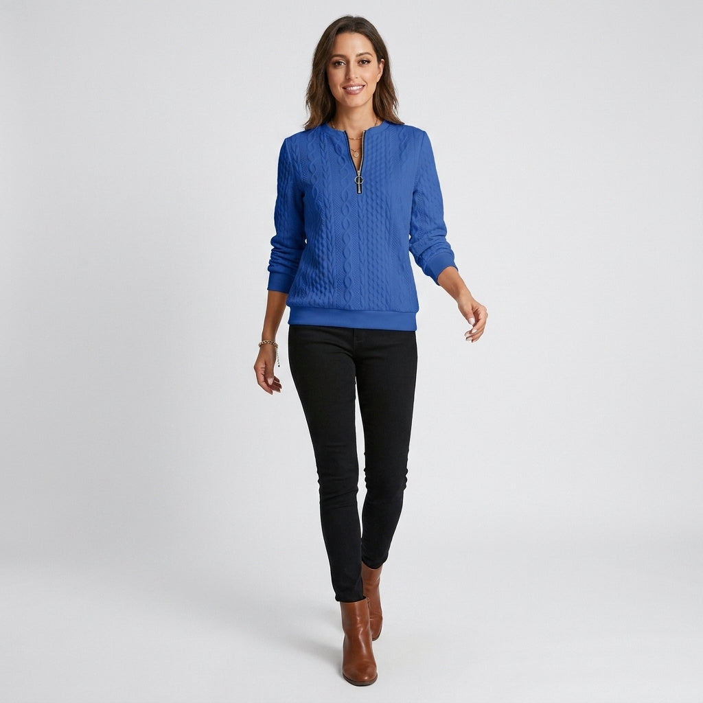 Damen Pullover mit Zopfmuster und Reißverschluss — Blue