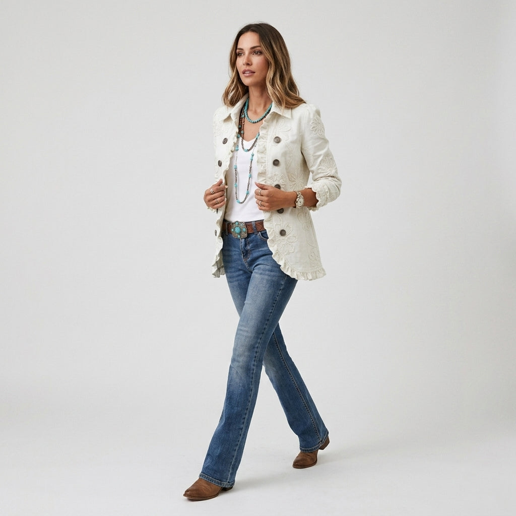 Weiße Jacke aus Strick mit floraler Stickerei