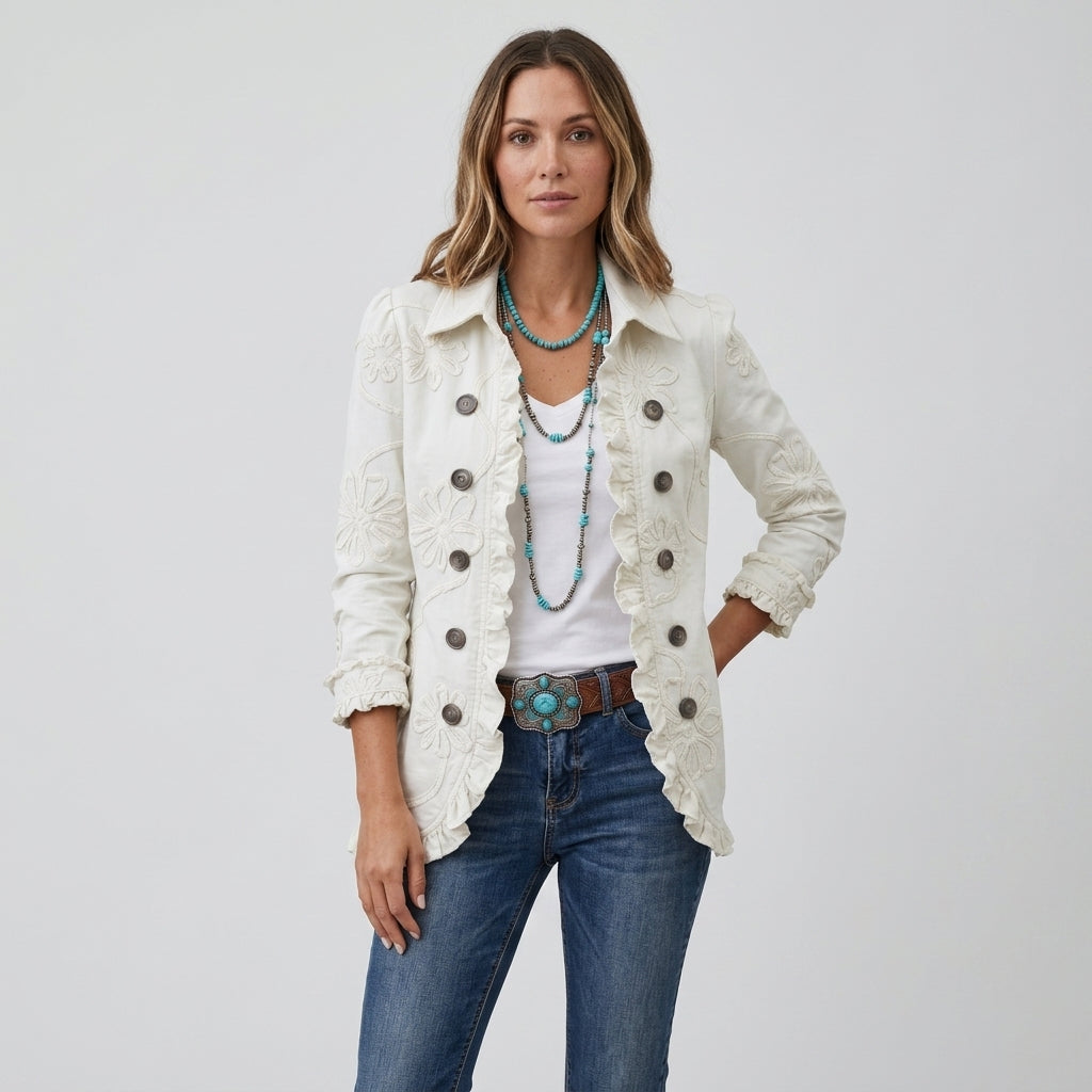 Weiße Jacke aus Strick mit floraler Stickerei
