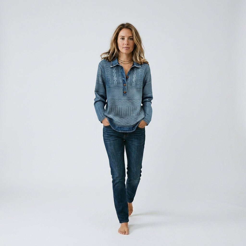 Damen Pullover mit Polokragen und Knopfleiste – Relaxed Fit — Blau