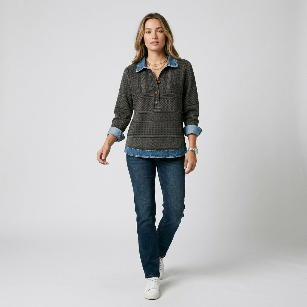Damen Pullover mit Polokragen und Knopfleiste – Relaxed Fit — Grau