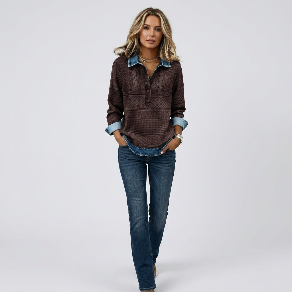 Damen Pullover mit Polokragen und Knopfleiste – Relaxed Fit — Braun