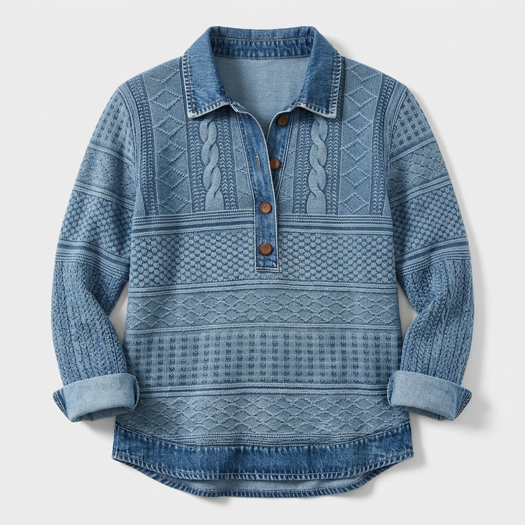 Damen Pullover mit Polokragen und Knopfleiste – Relaxed Fit — Blau