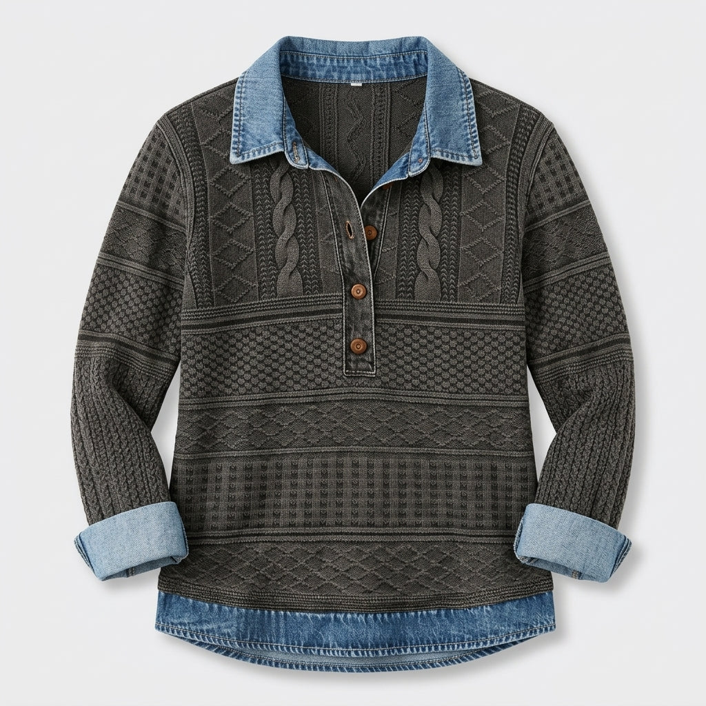 Damen Pullover mit Polokragen und Knopfleiste – Relaxed Fit — Grau