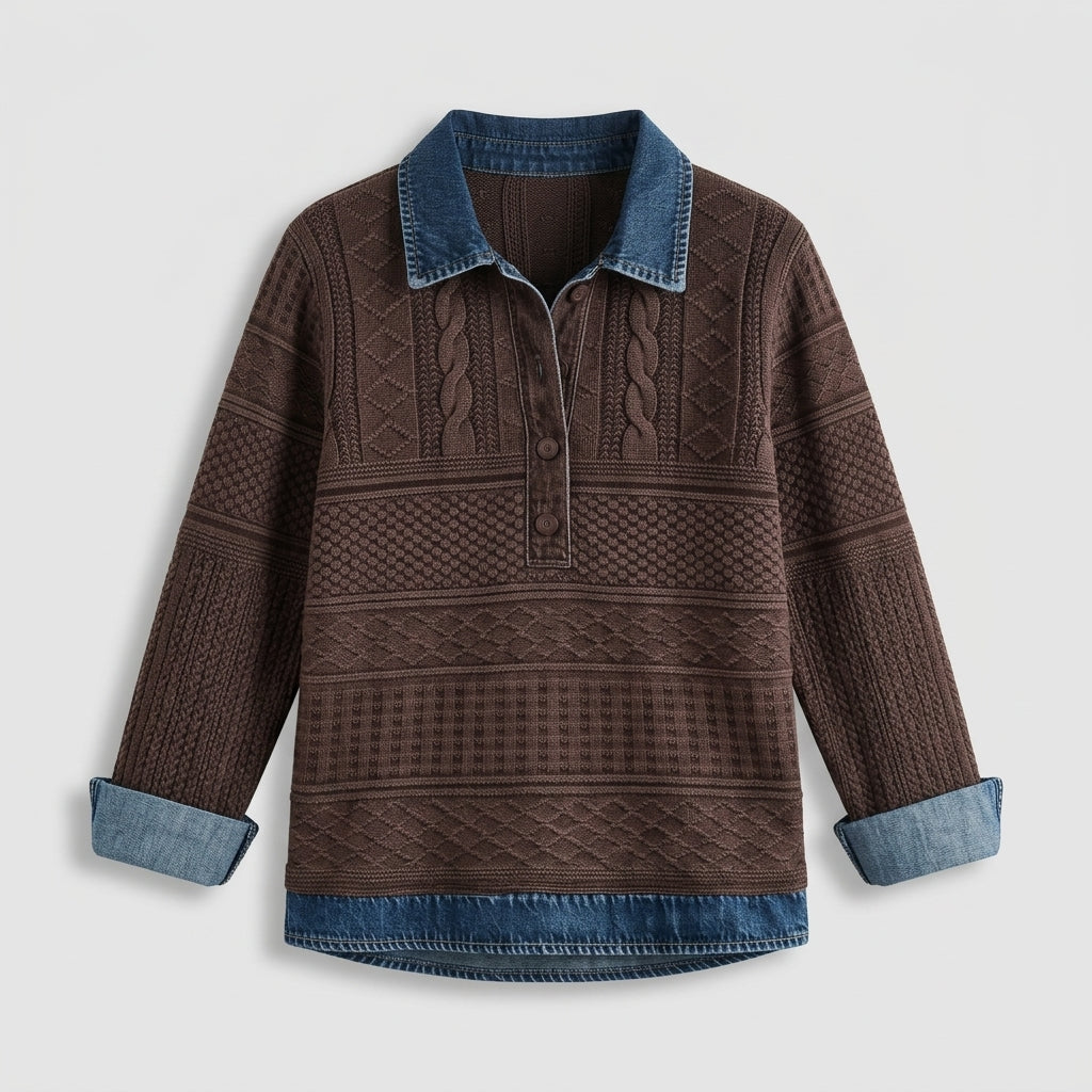 Damen Pullover mit Polokragen und Knopfleiste – Relaxed Fit — Braun
