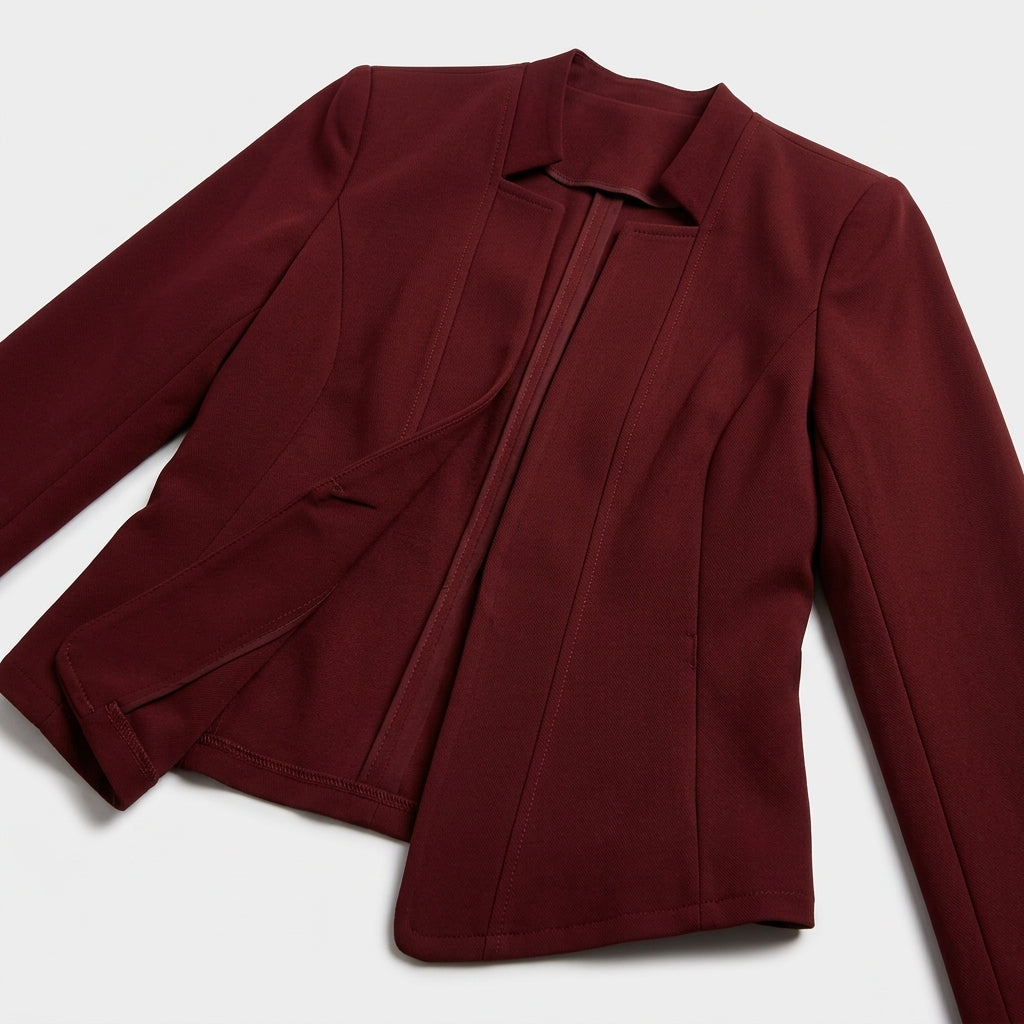 Damen Blazer in Marineblau, offen, Longline, Relaxed Fit — Burgunderrot
