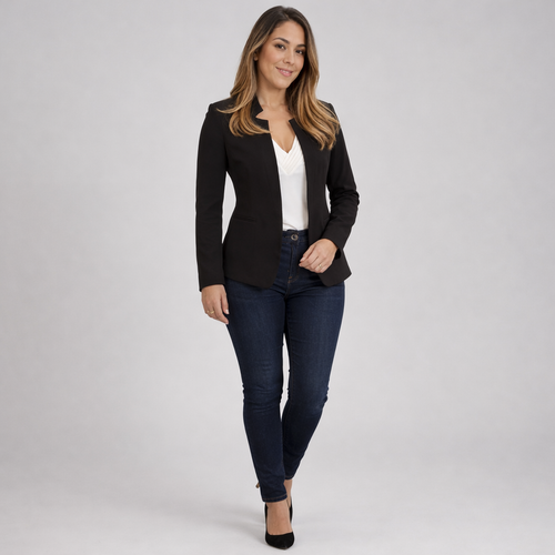 Damen Blazer in Marineblau, offen, Longline, Relaxed Fit — Schwarz