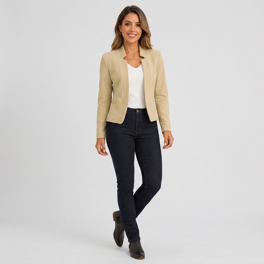 Damen Blazer in Marineblau, offen, Longline, Relaxed Fit — Khaki