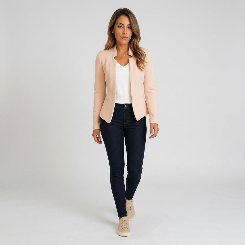 Damen Blazer in Marineblau, offen, Longline, Relaxed Fit — Pink