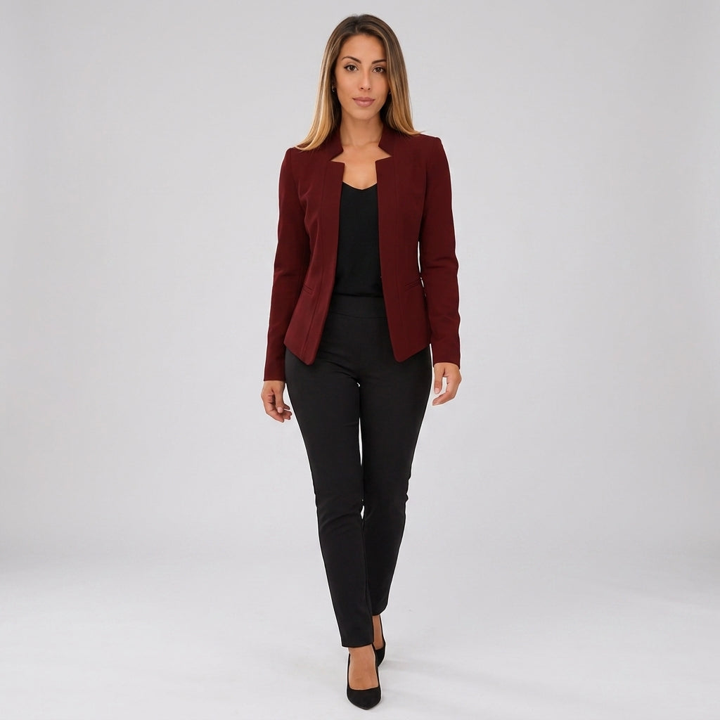 Damen Blazer in Marineblau, offen, Longline, Relaxed Fit — Burgunderrot