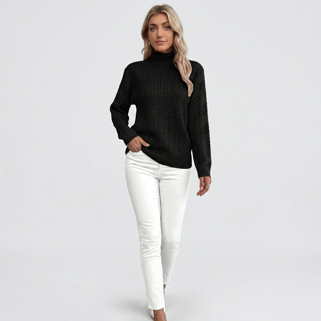 Damen Rippstrickpullover mit Stehkragen – Relaxed Fit — Schwarz