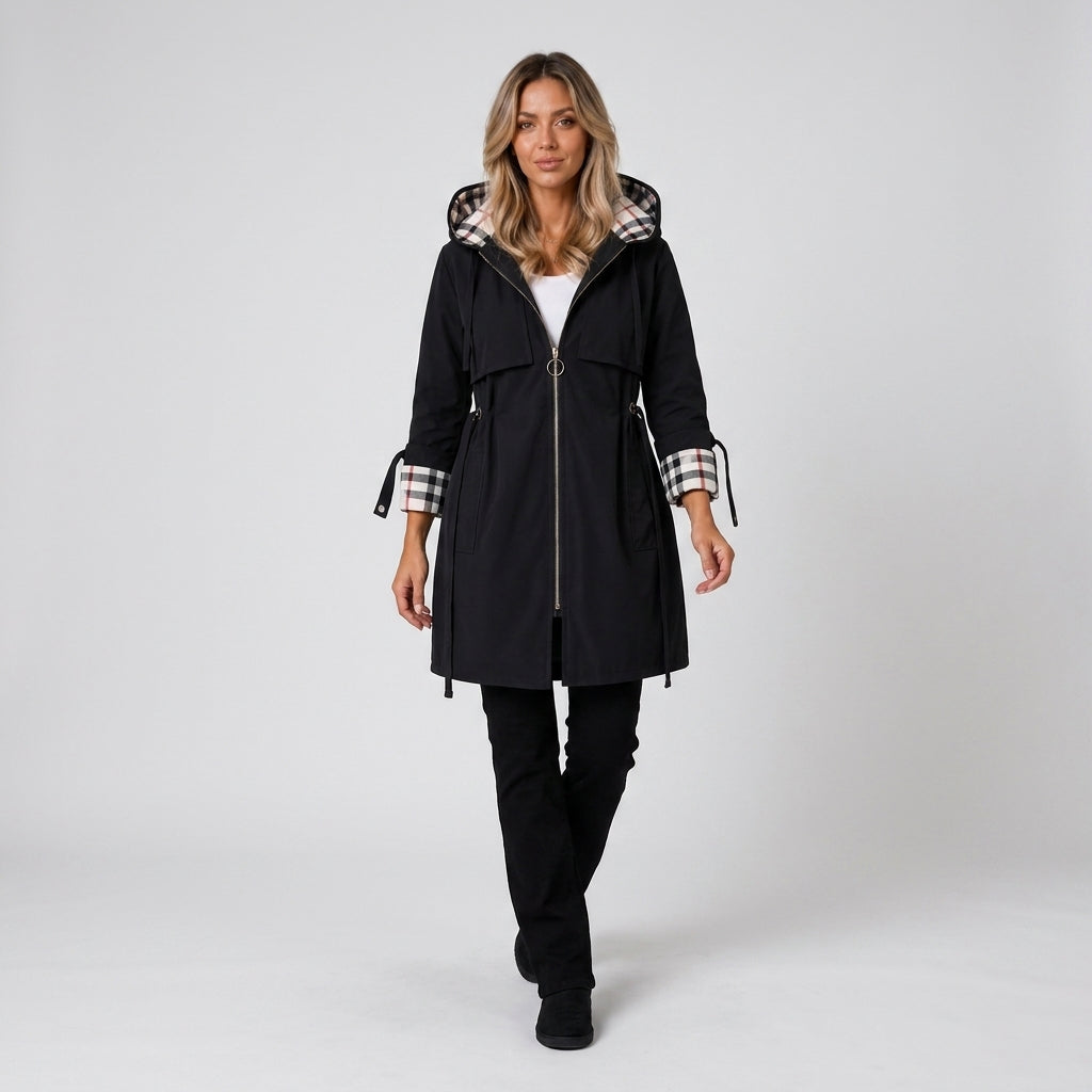Damen Übergangsjacke mit Kapuze und Taillenzug — Schwarz