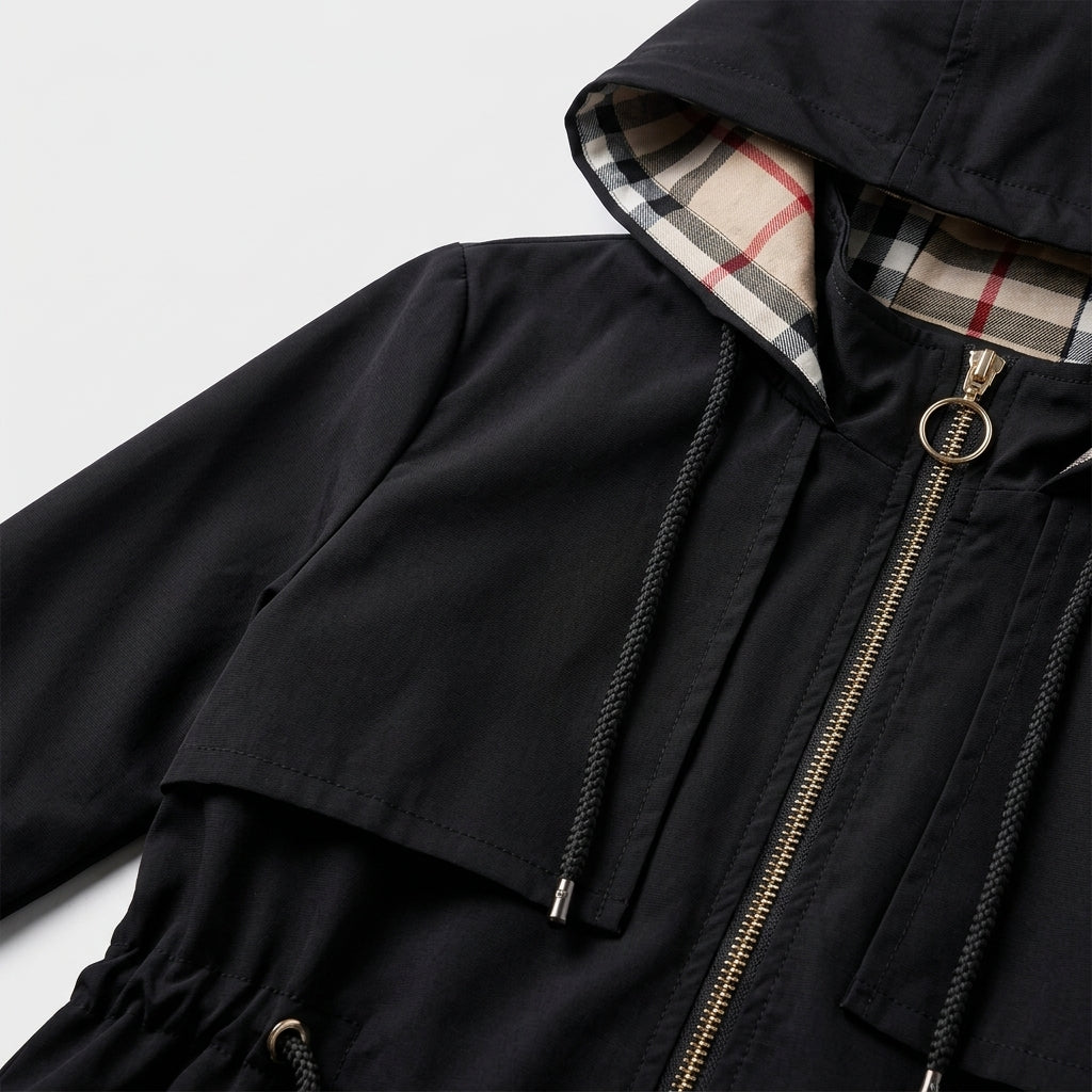 Damen Übergangsjacke mit Kapuze und Taillenzug — Schwarz
