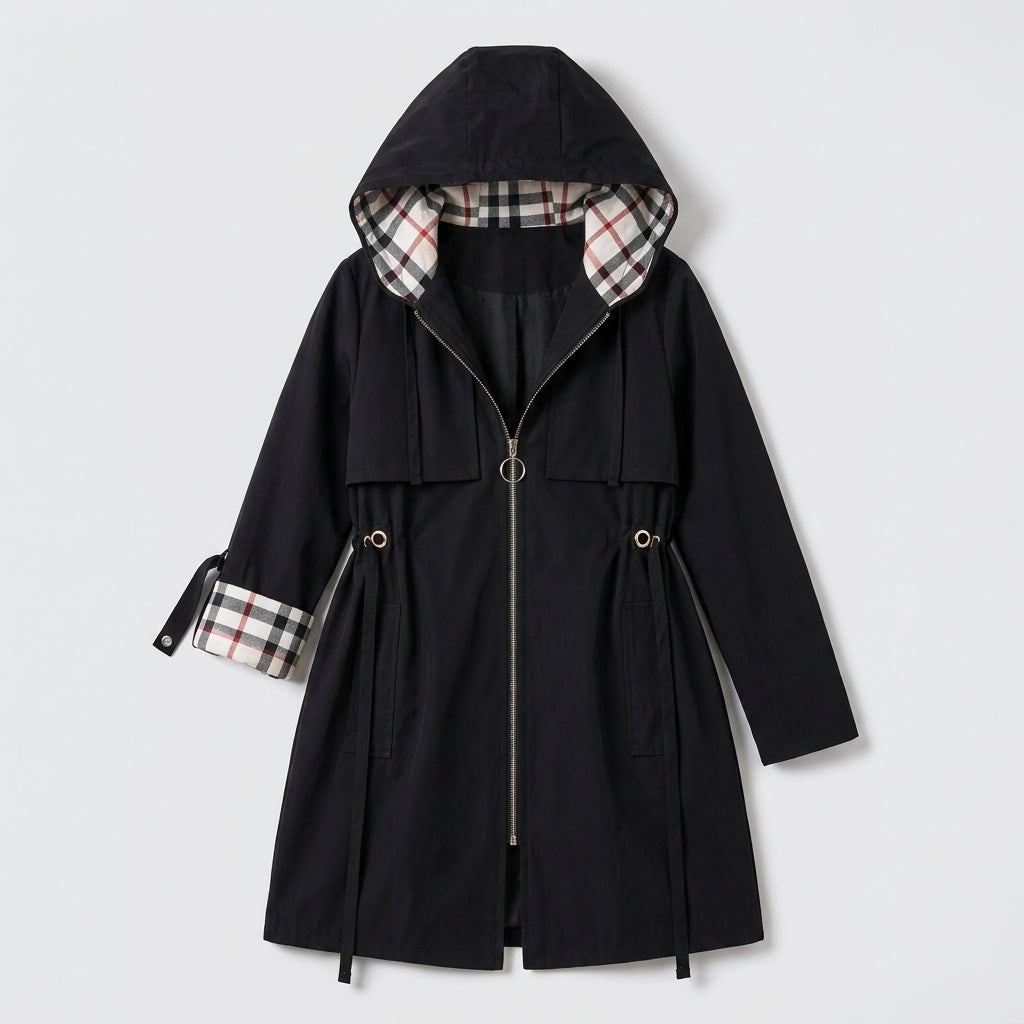 Damen Übergangsjacke mit Kapuze und Taillenzug — Schwarz