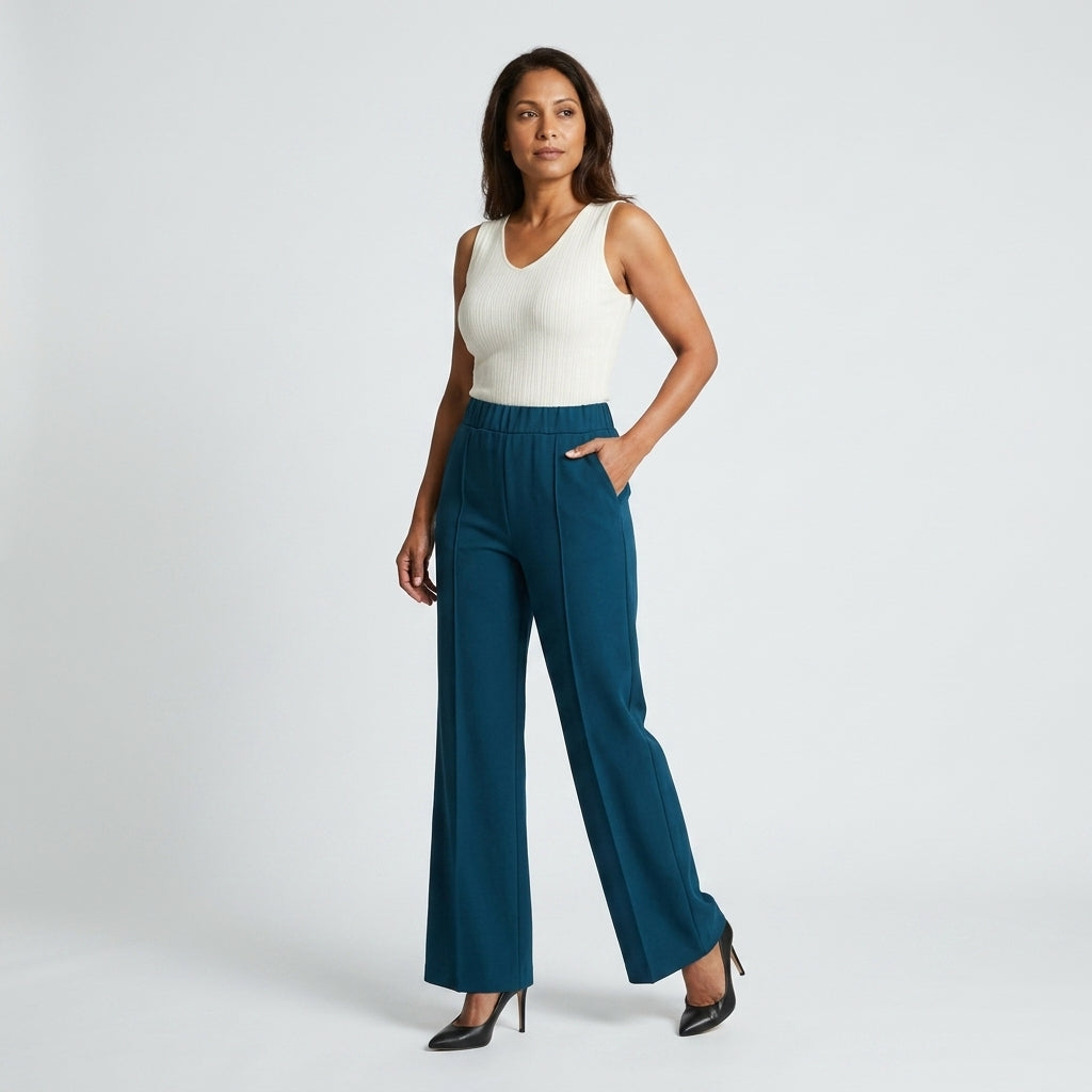 Damen High Waist Stoffhose mit weitem Bein — Dunkelblau